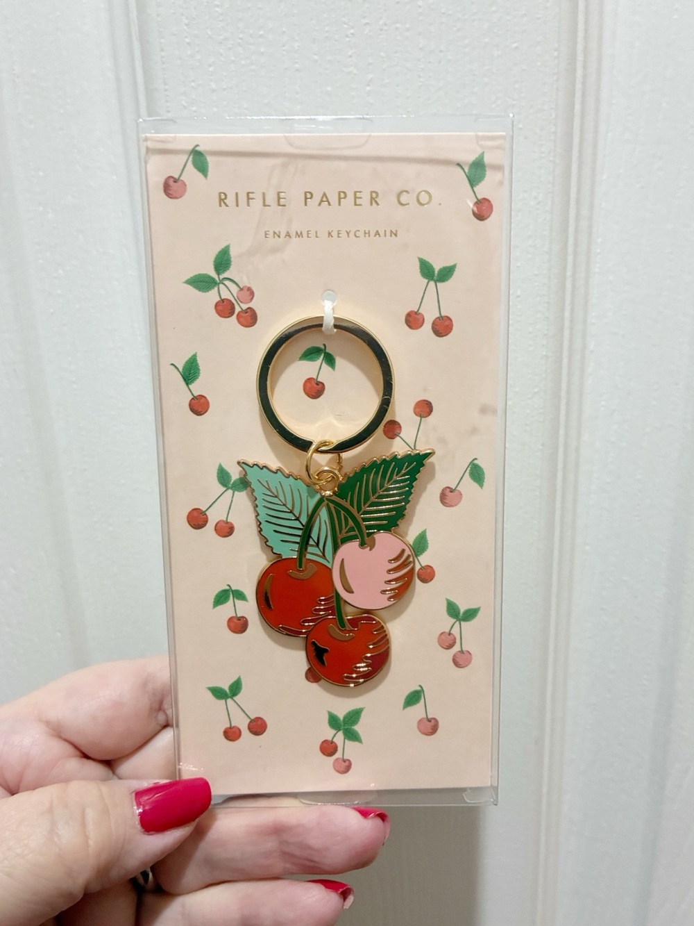 Rifle Paper Co. Red & Pink Cherry Enamel Keychain with Gold Hardware